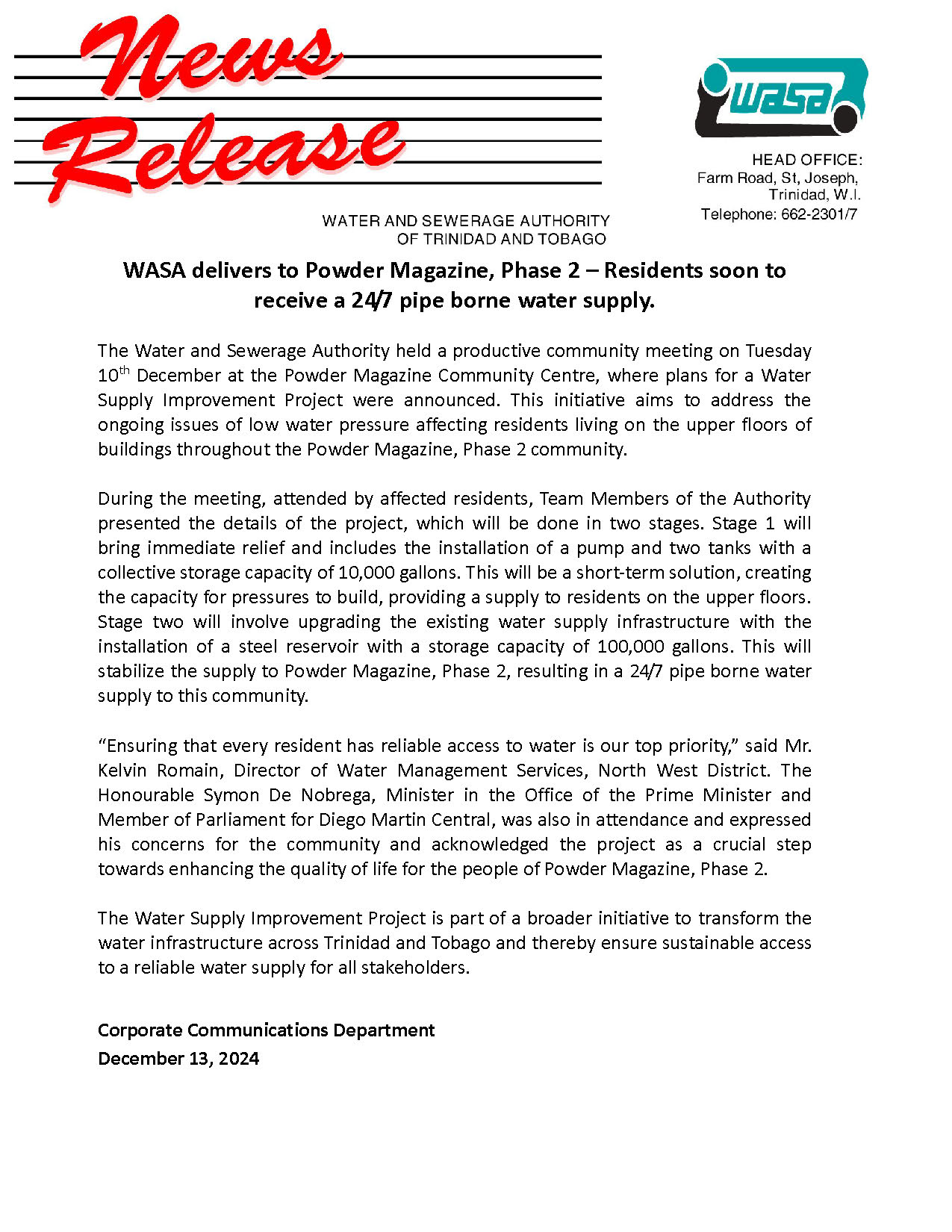 Media Release - WASA delivers to Powder Magazine Phase II 2024-12-13